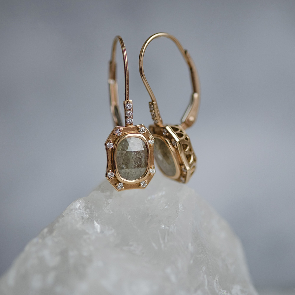 Rustic Rose Cut Diamond Earrings in Rose Gold - Image 2