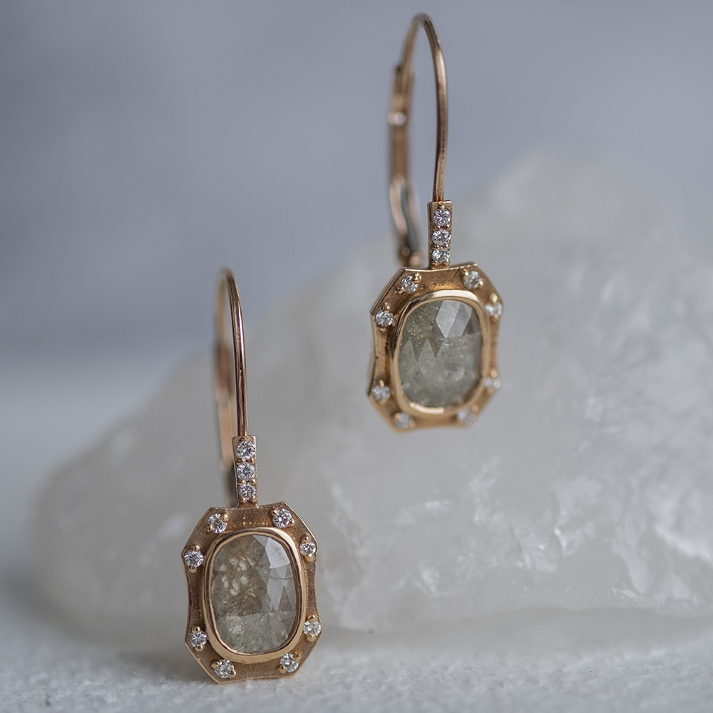 Rustic Rose Cut Diamond Earrings in Rose Gold - Image 3